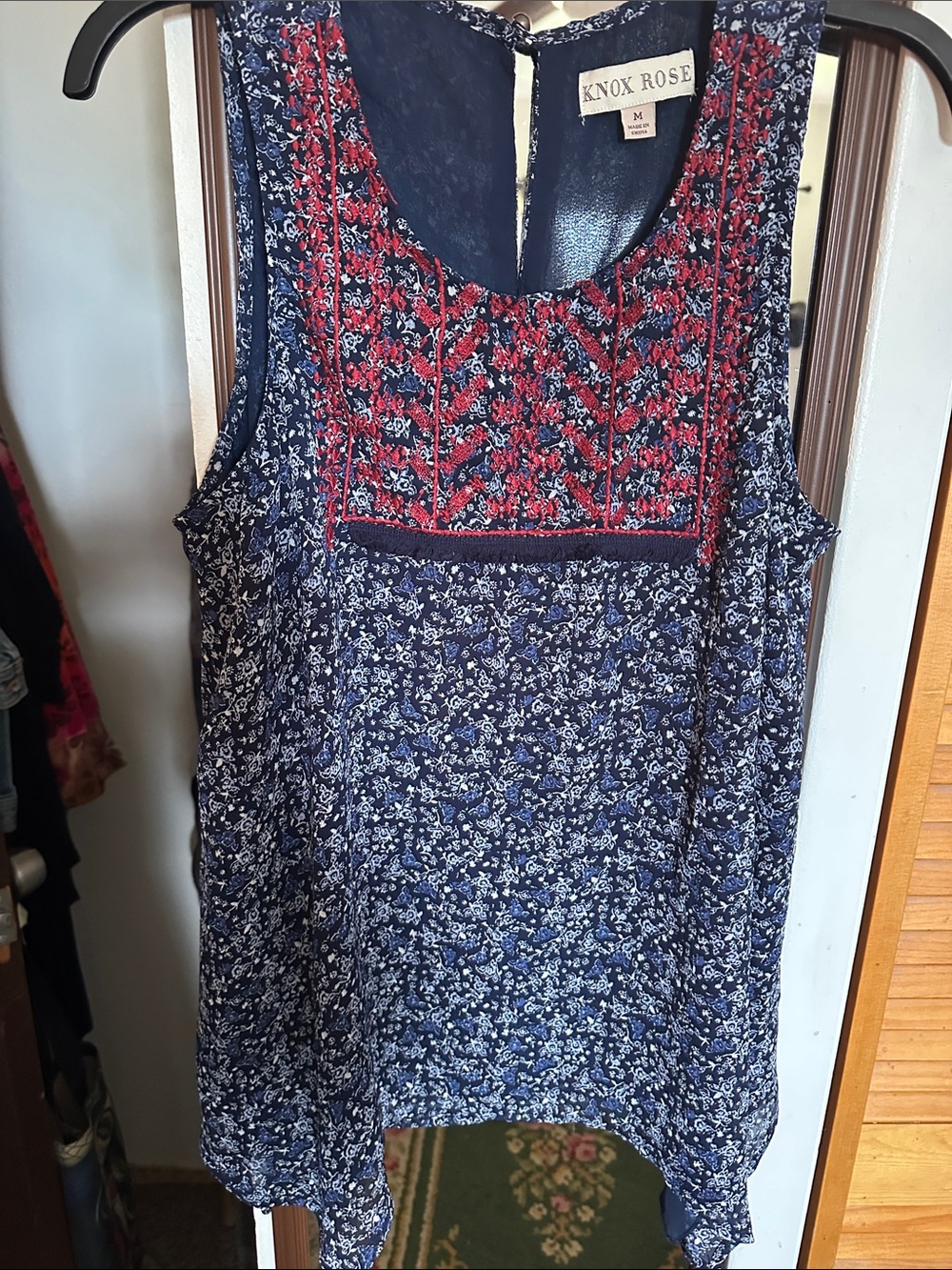 Knox Rose Navy Floral Sleeveless Camisole with Red Embroidered Yoke